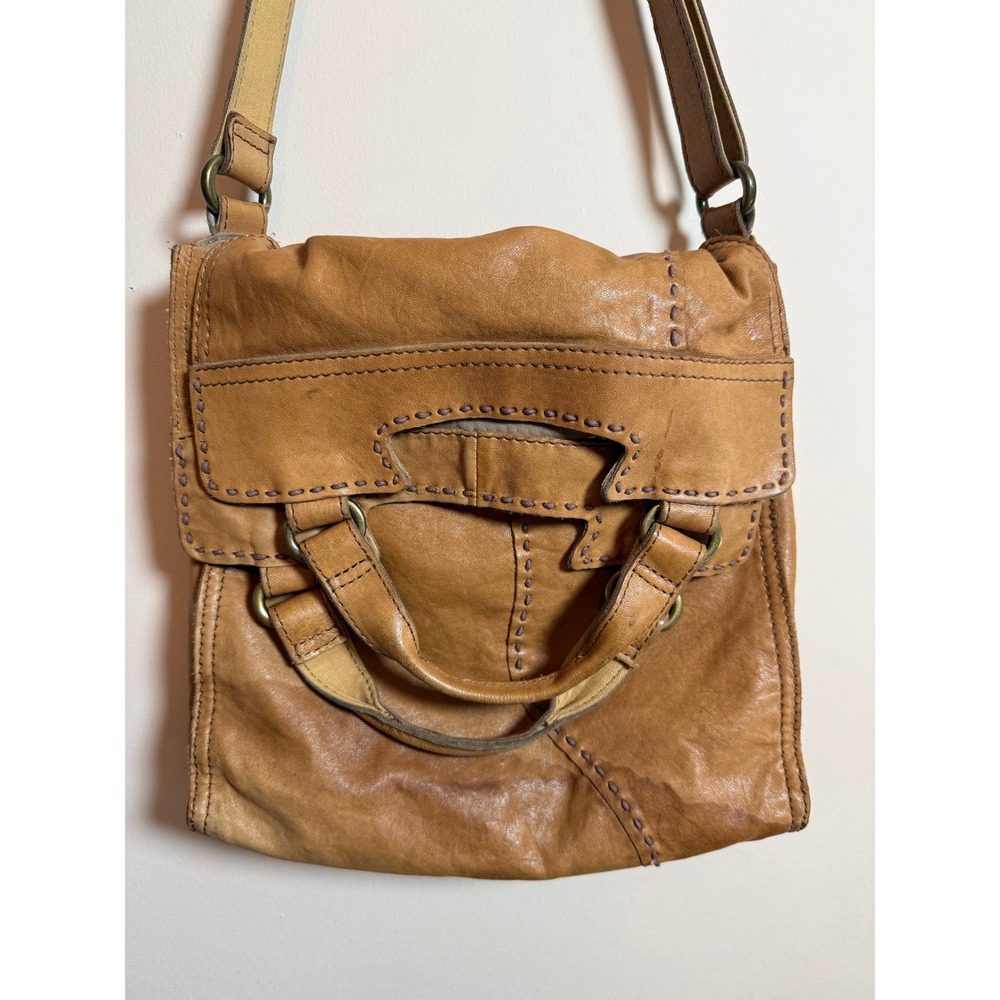 Lucky Brand Abbey Road Lamb Leather Whipstitch Crossbody Messenger Bag Tan Boho - Picture 2 of 16